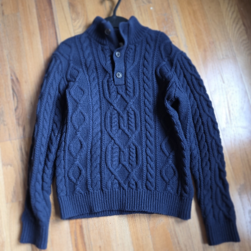 GAP Navy Cable Knit Boys Wool Blend Sweater, Fleece Collar